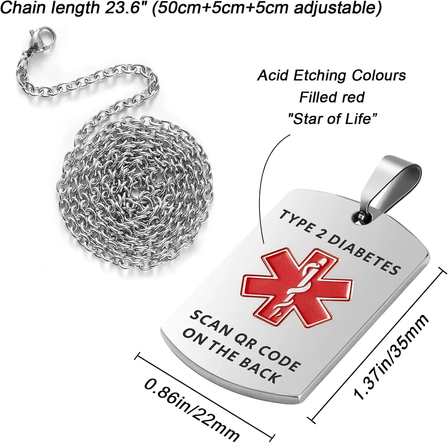 MYLUCKYTAG QR Code Medical Alert Necklace for Men Women - Stainless Steel Engraved Medical ID Tag - Free Online Emergency Medical Profile - Emergency Med Alert Necklace & Jewelry - Medical ID Pendant