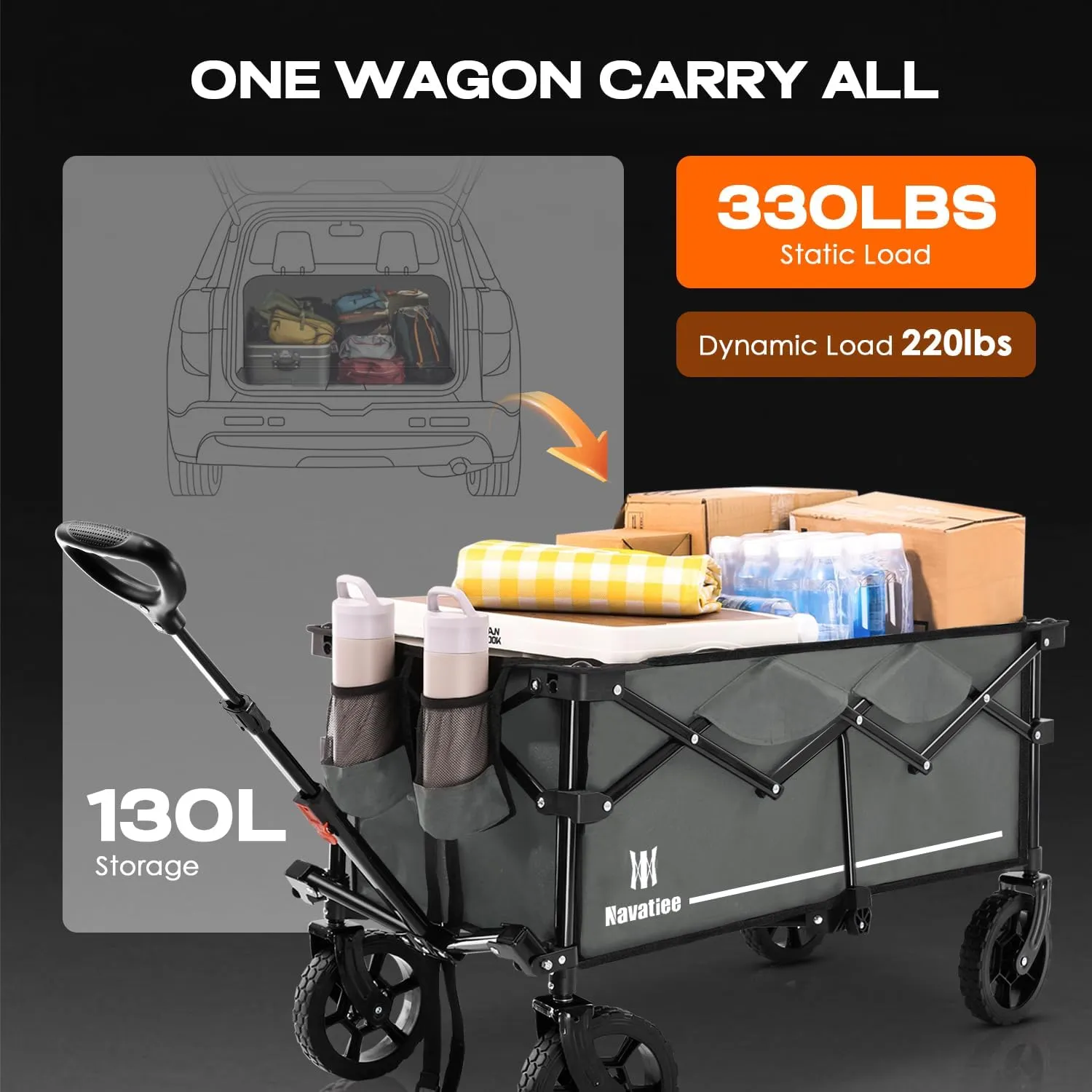 Navatiee 130L Collapsible Wagon - Large Capacity Folding Cart With Silent All-Terrain Wheels for Camping, Shopping, Outdoor - Grey