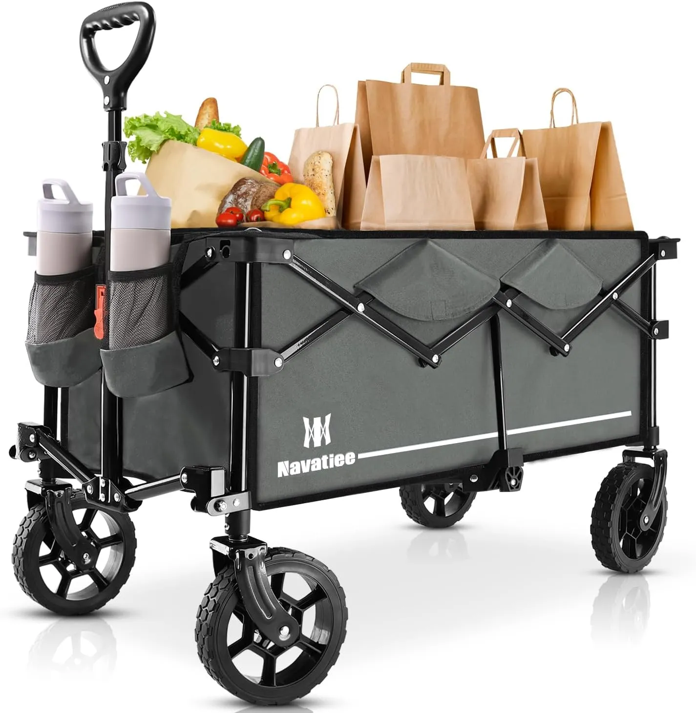 Navatiee 130L Collapsible Wagon - Large Capacity Folding Cart With Silent All-Terrain Wheels for Camping, Shopping, Outdoor - Grey