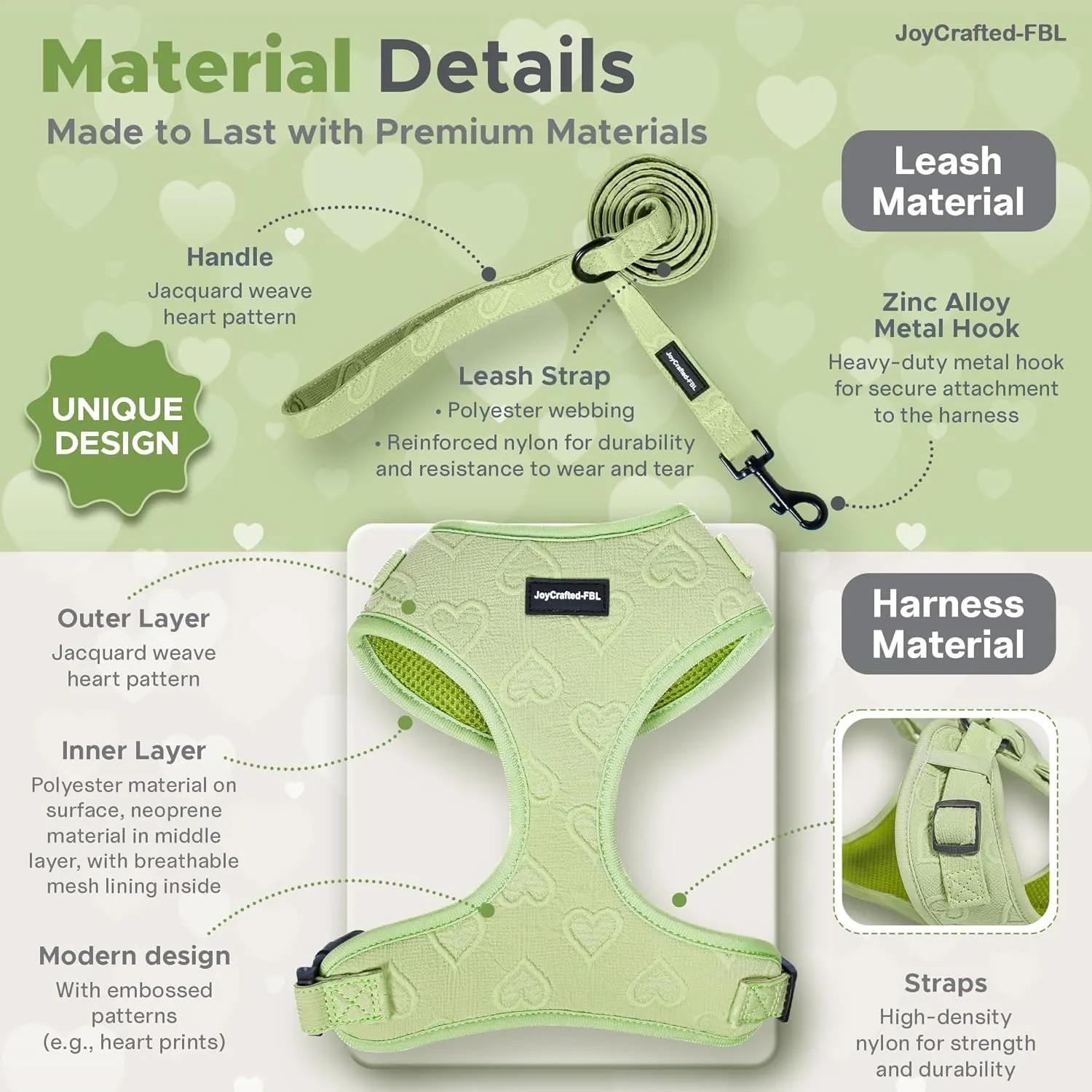 No Pull Puppy Harness and Leash Set  No Choke Neoprene Dog Harness for Extra Small Dogs (515lbs)  Green(XS), Lightweight Breathable Mesh with Unique Heart Pattern, Adjustable Fit