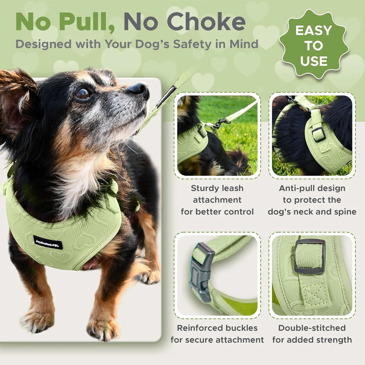 No Pull Puppy Harness and Leash Set  No Choke Neoprene Dog Harness for Extra Small Dogs (515lbs)  Green(XS), Lightweight Breathable Mesh with Unique Heart Pattern, Adjustable Fit