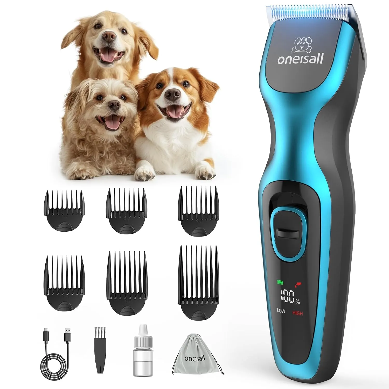 Oneisall Dog Clippers for Grooming - 2-Speed Super Power, 50dB Quiet Rechargeable Cordless Trimmer With Detachable Stainless Steel Blade for Small & Large Dogs With Thick Coats
