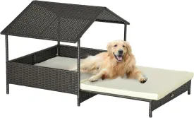 PawHut Outdoor Wicker Dog House with Canopy, Extendable Rattan Dog Bed with Soft Cushion Removable Cover for Small and Medium Dogs, Cream