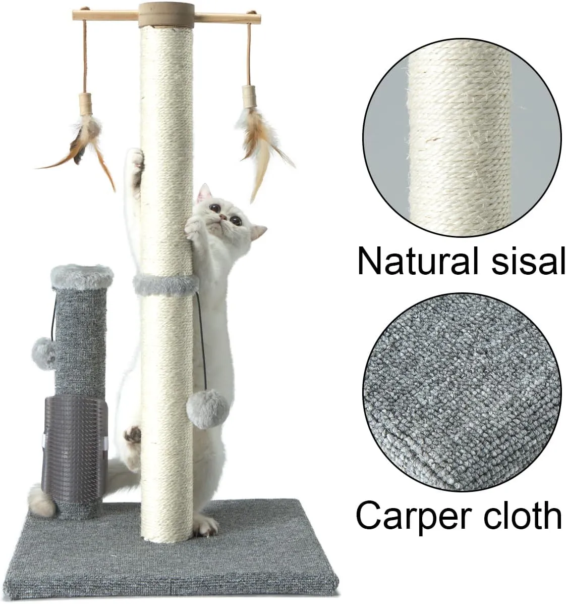 PAWSFANS Cat Scratching Post,Sisal Scratch Posts Vertical Scratcher for Indoor Cats and Kittens,with self Grooming Bursh and Interactive Toys 30 Inches Tall Grey
