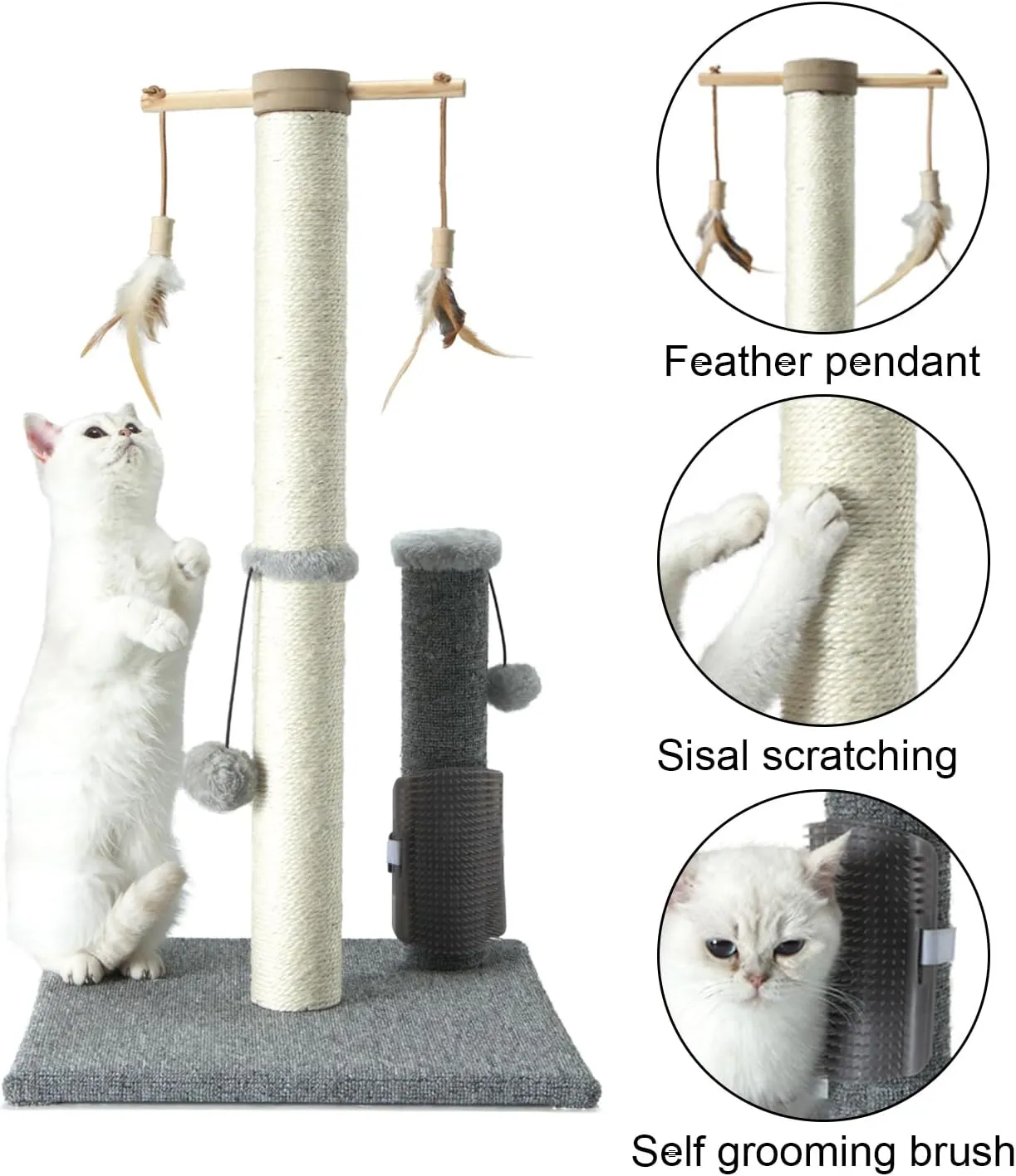 PAWSFANS Cat Scratching Post,Sisal Scratch Posts Vertical Scratcher for Indoor Cats and Kittens,with self Grooming Bursh and Interactive Toys 30 Inches Tall Grey