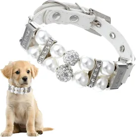 Pearl and Rhinestone Dog Collars for Small Dogs, Fancy Crystal Rhinestone Bling Cats Pearl PU Leather Collar, Adjustable Pet Pearls Diamond Choker for Puppy Kitten Small Medium Dogs Gifts