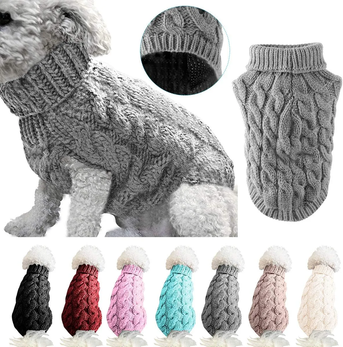 Pet Dog Turtleneck Knitting Sweater Coat Winter Warmer Thickening Pullover Knitwear Crochet Coat Clothes for Small Medium Large Dog Puppy Cat (L, Grey)