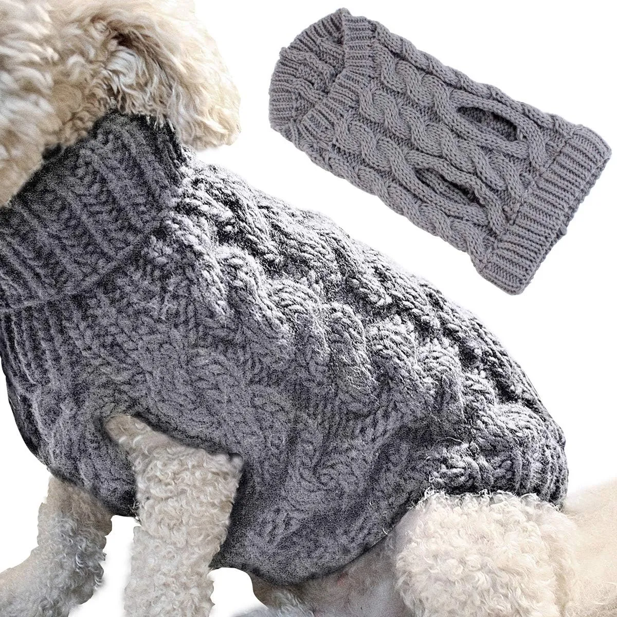 Pet Dog Turtleneck Knitting Sweater Coat Winter Warmer Thickening Pullover Knitwear Crochet Coat Clothes for Small Medium Large Dog Puppy Cat (L, Grey)