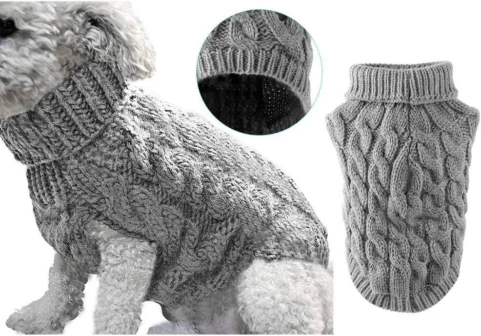 Pet Dog Turtleneck Knitting Sweater Coat Winter Warmer Thickening Pullover Knitwear Crochet Coat Clothes for Small Medium Large Dog Puppy Cat (L, Grey)