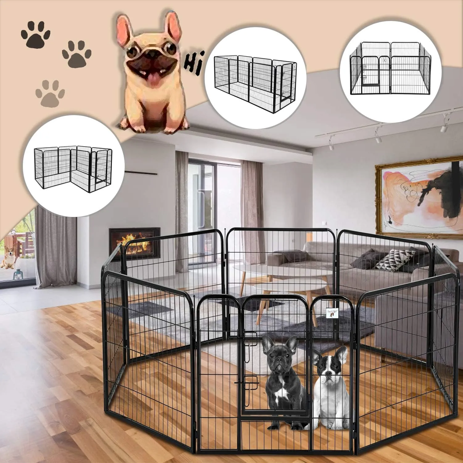 Pet Gate, Large Dog Kennel Puppy Playpen Dog Fence 40 Inch Exercise Pen Gate Fence Foldable 8 Panels with Door Options Ideal for Pet Animals Outdoor Indoor (40 Inch)