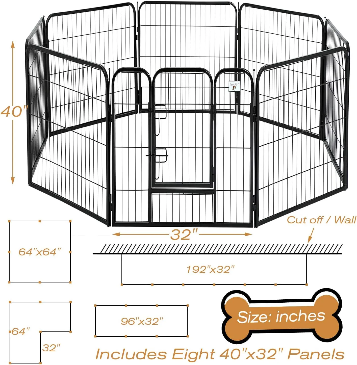 Pet Gate, Large Dog Kennel Puppy Playpen Dog Fence 40 Inch Exercise Pen Gate Fence Foldable 8 Panels with Door Options Ideal for Pet Animals Outdoor Indoor (40 Inch)