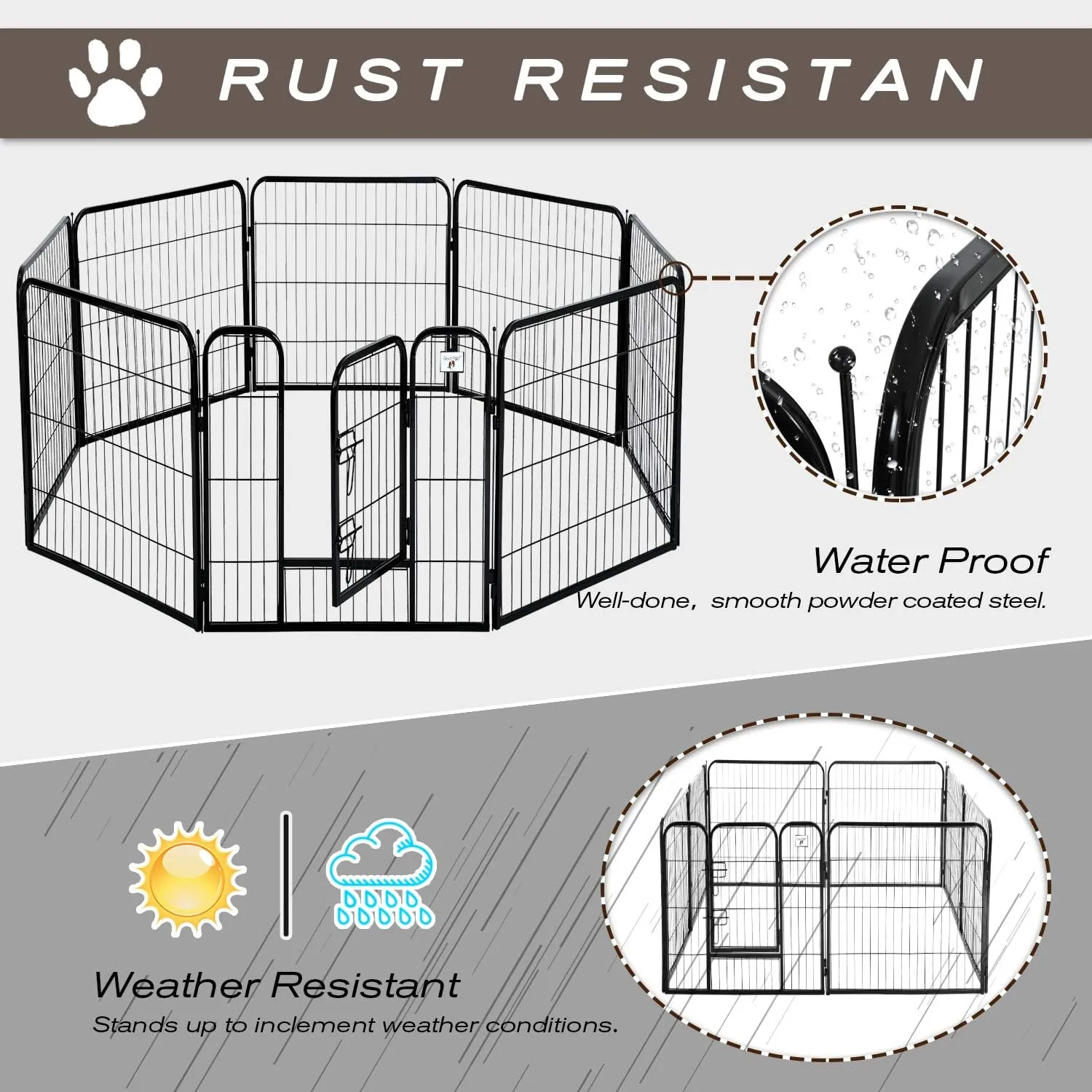 Pet Gate, Large Dog Kennel Puppy Playpen Dog Fence 40 Inch Exercise Pen Gate Fence Foldable 8 Panels with Door Options Ideal for Pet Animals Outdoor Indoor (40 Inch)