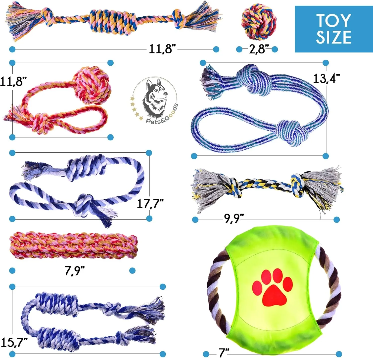 Pets&Goods Heavy Duty Rope Toy for Active Chewers, Washable 100% Cotton Dog Chew Toys - Tug of War, Pack of 9 Puppy Teething Toys (Small Breed, 9, Count)