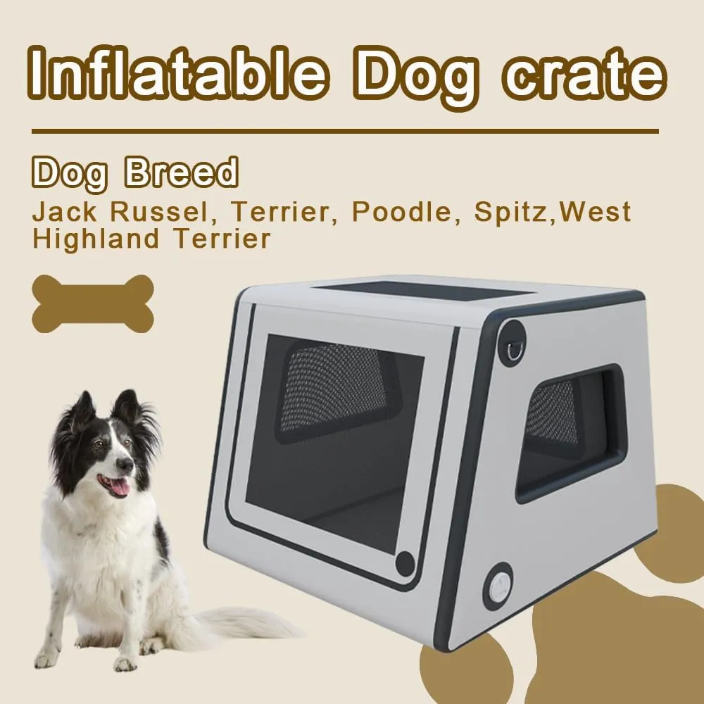 Portable Inflatable Dog Crate  Collapsible & Waterproof Soft Kennel for Medium Dogs, Safe Foldable Dog Cage for Indoor & Outdoor Use, Travel Carrier for Car and Home (Grey, 31"x35"x25.2")