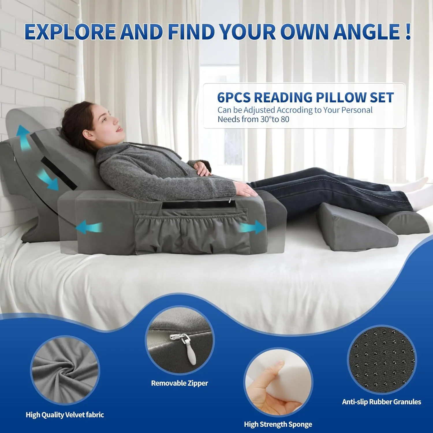 Pozico 6PCS Orthopedic Bed Wedge Pillow Set  Pillow System for Post-Surgery Recovery, Adjustable Foam Support Back & Leg Pain Relief  Sitting Pillow for Sleeping, Acid Reflux and GERD