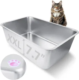 Stainless Steel Cat Litter Box for Adult Cats or Kitty/Kitten 23.6"x15.8"x8" Rust-Proof, High Side, Non Stick, No Smell, Easy to Clean Metal Cat Litter Box