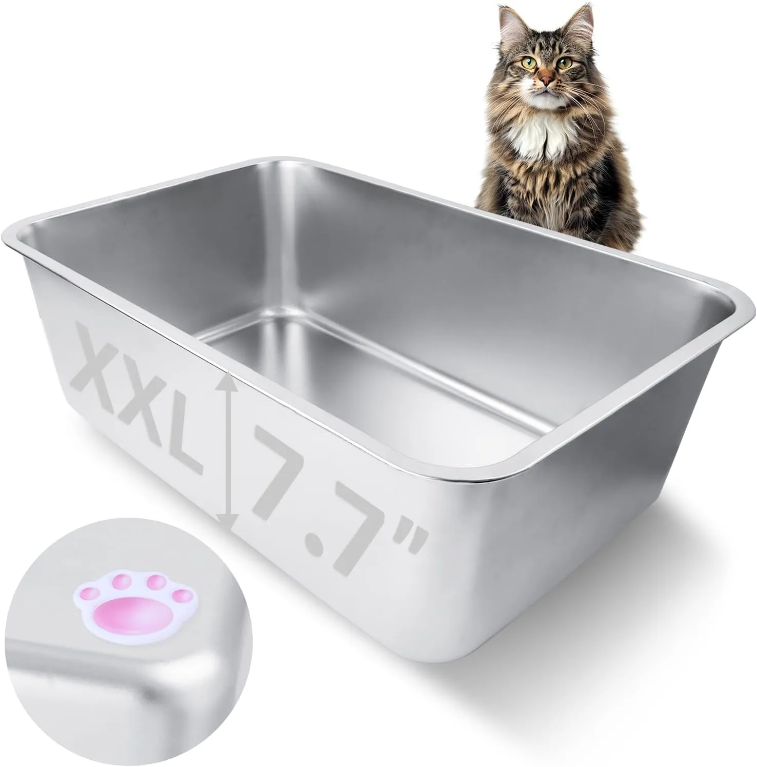 Stainless Steel Cat Litter Box for Adult Cats or Kitty/Kitten 23.6"x15.8"x8" Rust-Proof, High Side, Non Stick, No Smell, Easy to Clean Metal Cat Litter Box