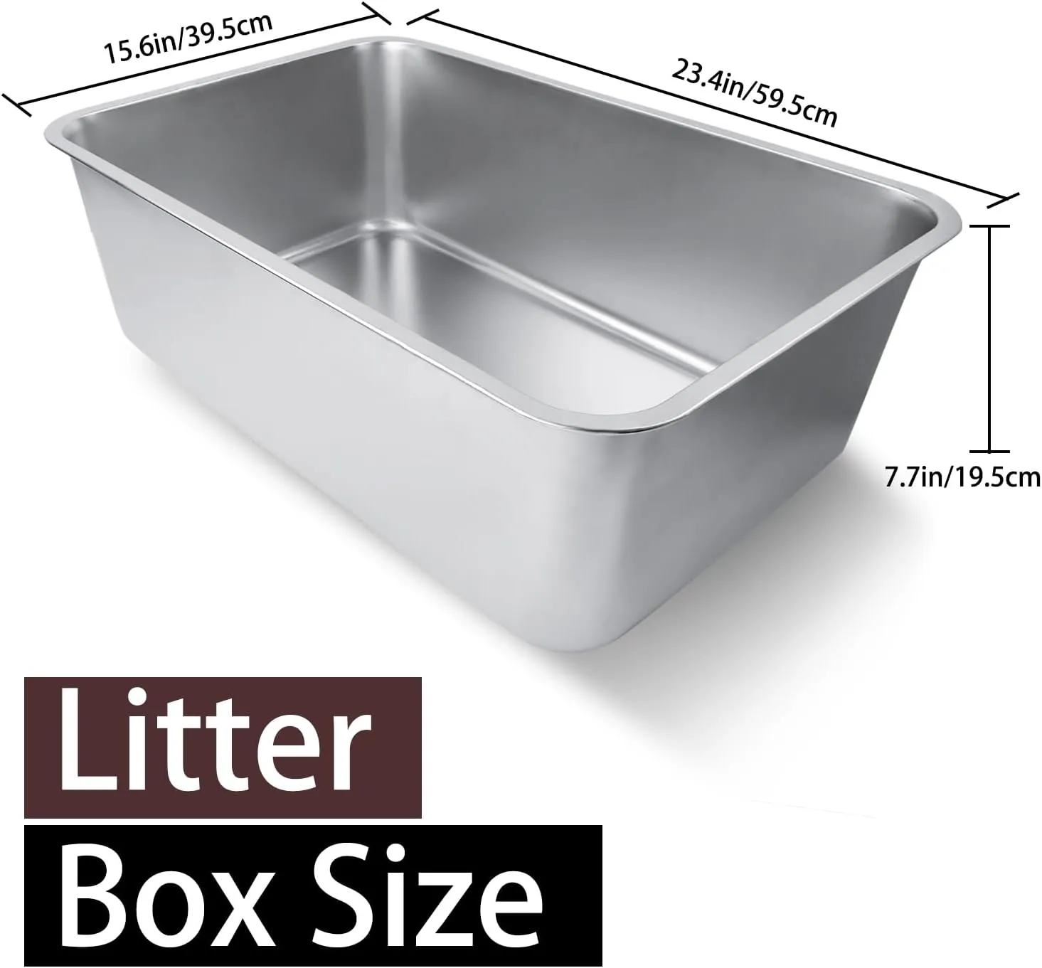 Stainless Steel Cat Litter Box for Adult Cats or Kitty/Kitten 23.6"x15.8"x8" Rust-Proof, High Side, Non Stick, No Smell, Easy to Clean Metal Cat Litter Box