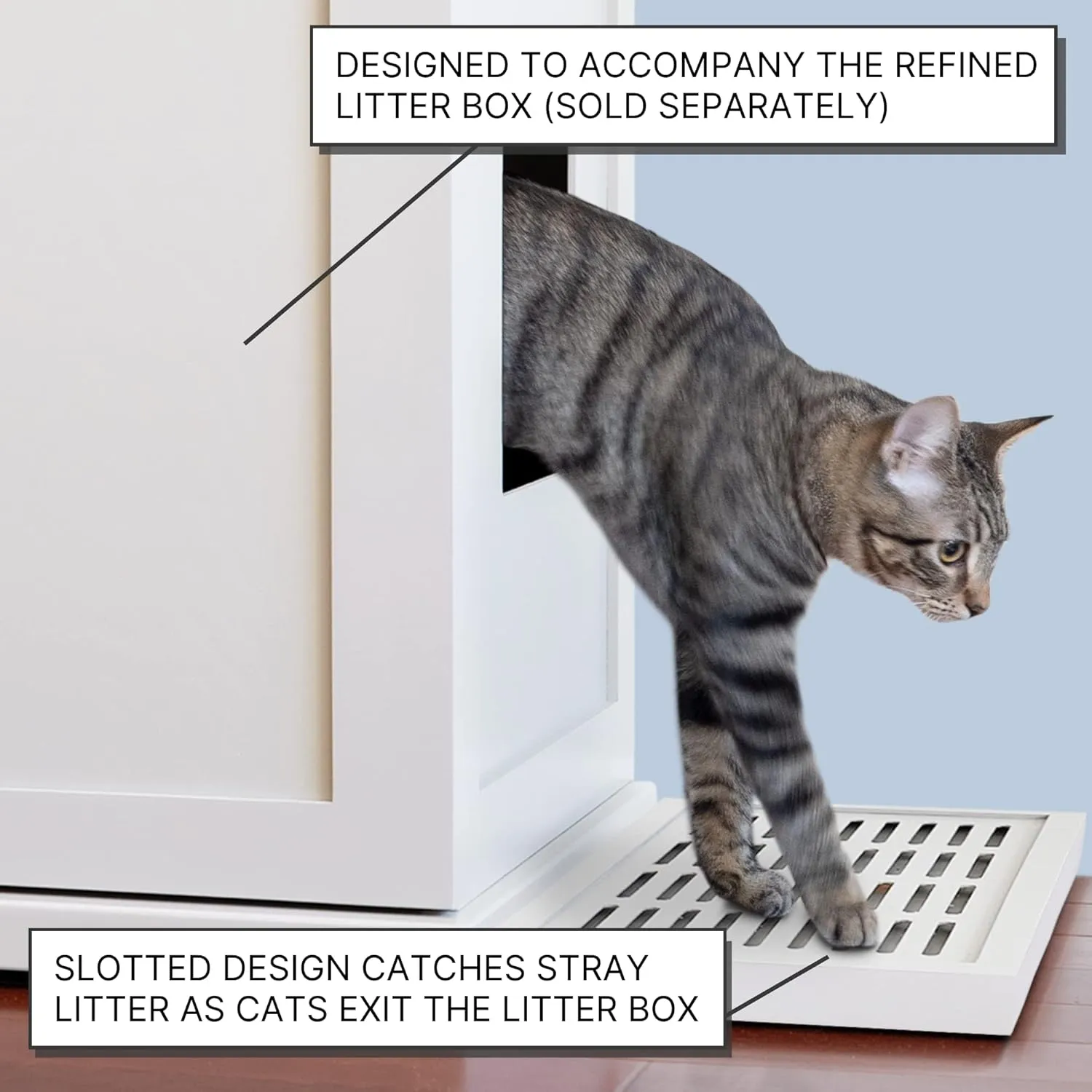 THE REFINED FELINE Litter Catch for The Refined Litter Box Enclosure Cabinet in Mahogany Brown, Solid Wood with Slots to Catch Stray Litter As Cats Exit The Litter Box, Trap Door for Easy Emptying