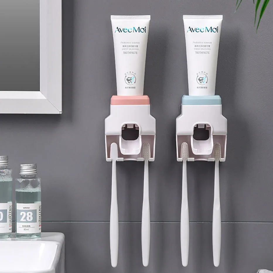Toothbrush Holders Toothpaste Dispenser Squeezers Wall Mounted for Bathroom, 2 Tooth Brush Slots & 1 Automatic Tooth Paster Squeezer(Bulk 3 Sets)
