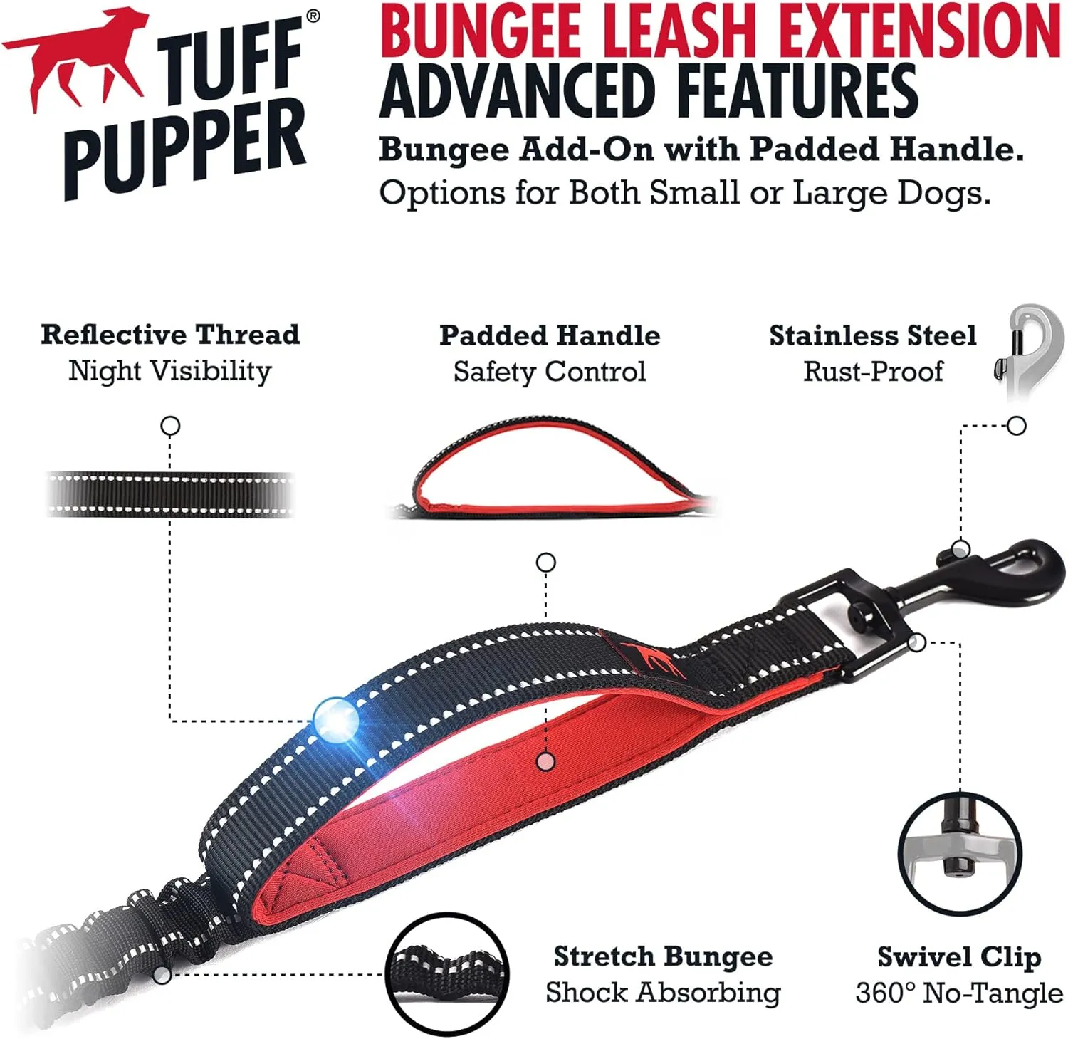 Tuff Pupper Bungee Dog Leash Extension | Shock Absorbing Extender Protects You & Your Dog | Added Handle Keeps Dogs Closer | Reflective For Night Walks | Works with Any Leash | For Medium & Large Dogs