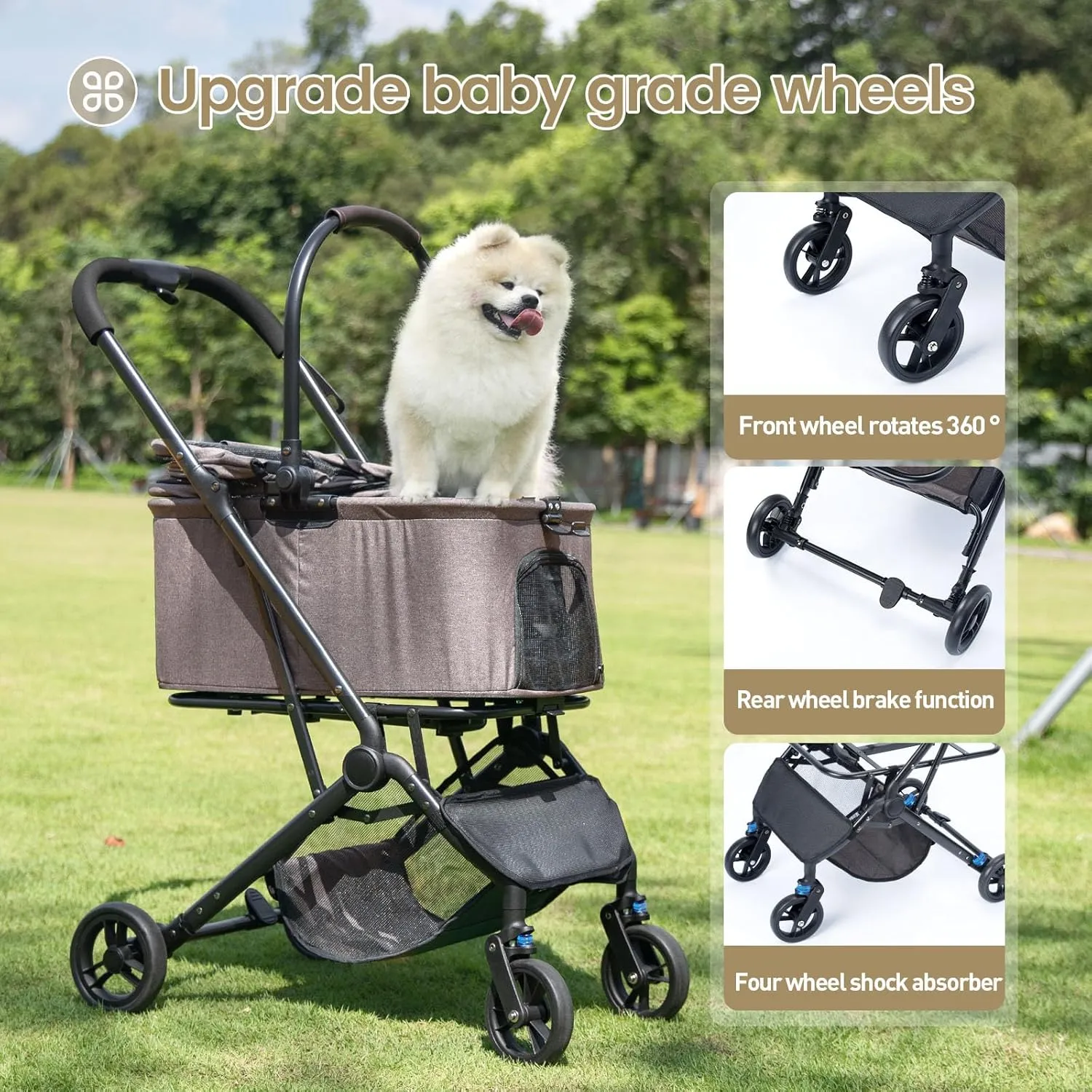 Wdyvko 3 in 1 Dog Stroller, Upgraded Frame, Up to 44lbs Pet Stroller with Dog Poop Bags & Dispenser, Zipperless Entry, Storage Basket & Pouch for Small Dogs Cats (Coffee)
