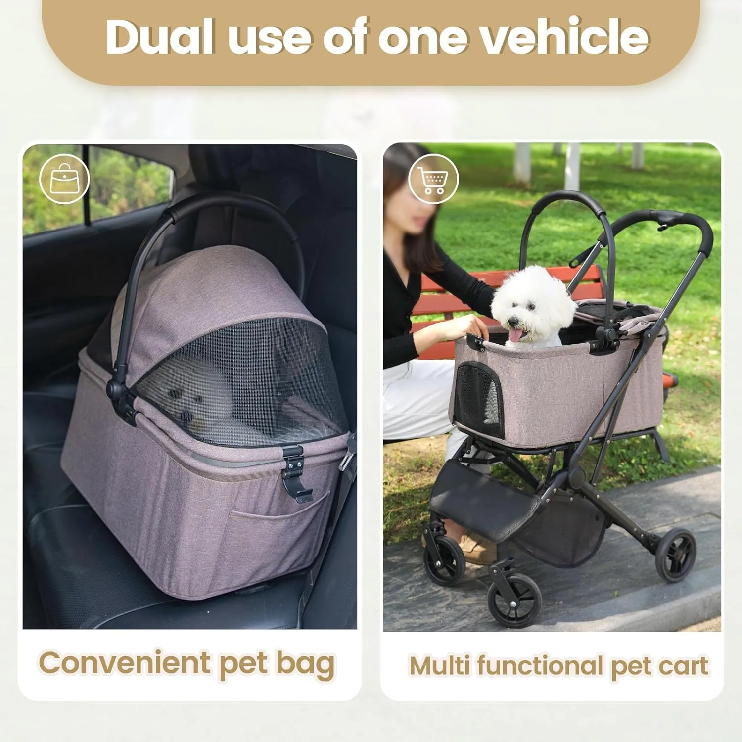 Wdyvko 3 in 1 Dog Stroller, Upgraded Frame, Up to 44lbs Pet Stroller with Dog Poop Bags & Dispenser, Zipperless Entry, Storage Basket & Pouch for Small Dogs Cats (Coffee)