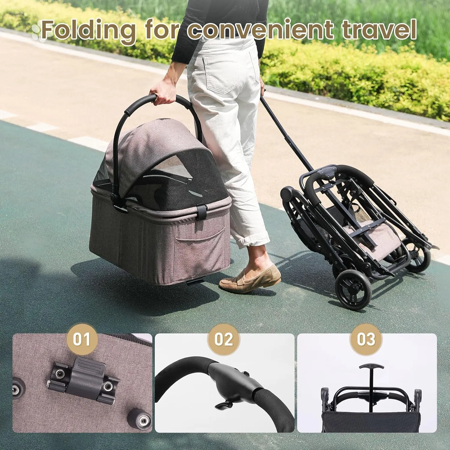Wdyvko 3 in 1 Dog Stroller, Upgraded Frame, Up to 44lbs Pet Stroller with Dog Poop Bags & Dispenser, Zipperless Entry, Storage Basket & Pouch for Small Dogs Cats (Coffee)