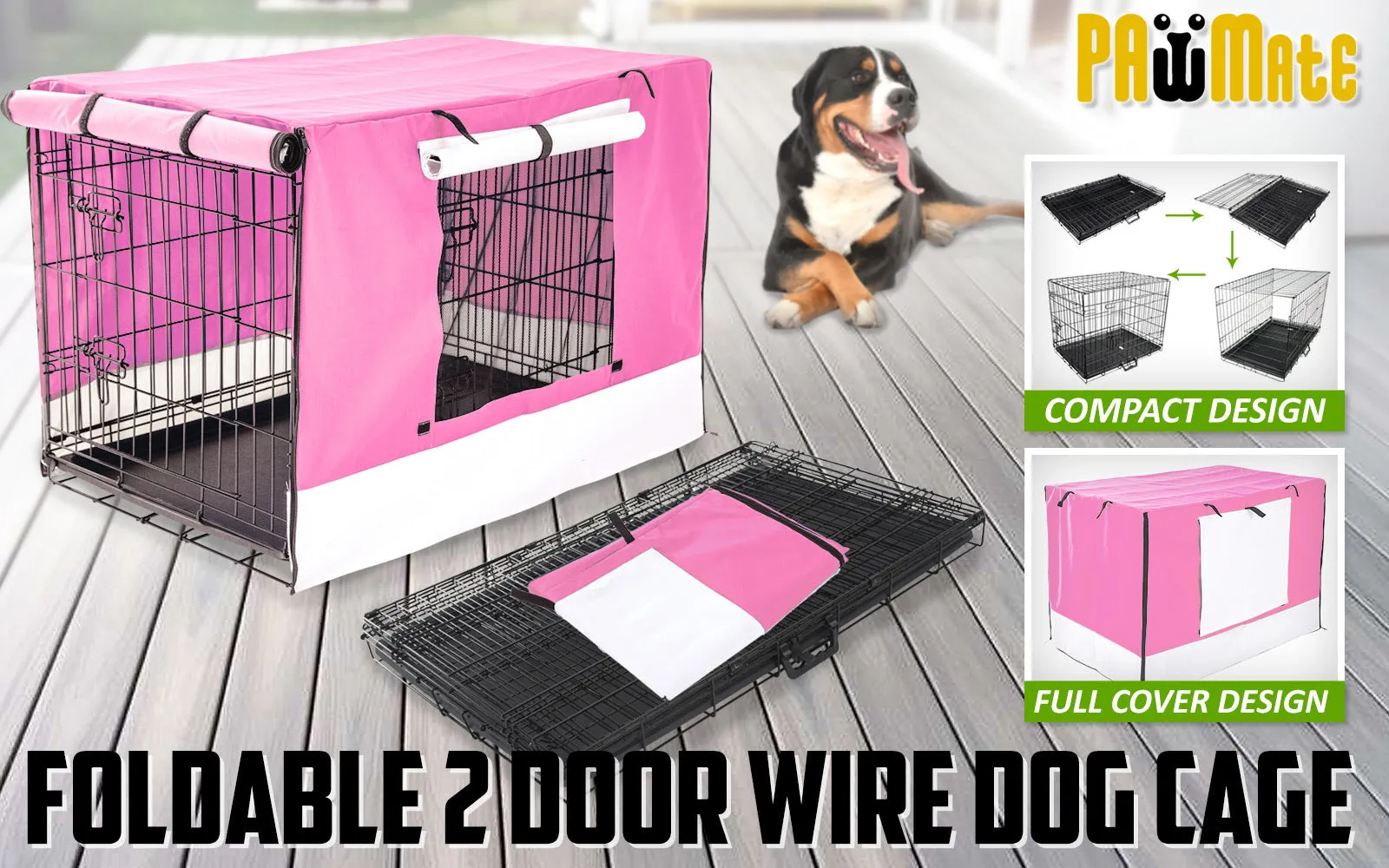 Wire Dog Cage Foldable Crate Kennel 42in with Tray   Pink Cover Combo