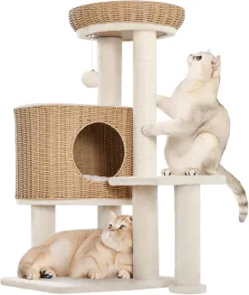Yaheetech 36in PE Rattan Cat Tree with Big Perch, Breathable Woven Condo, Extra Long Sisal Scratching Post, Washable Cushion, Natural Cooling Design for Indoor Large Kittens, Beige
